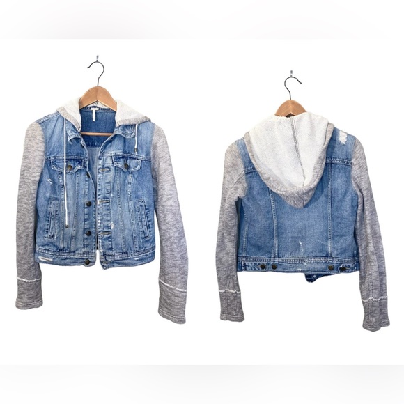 Free People Blue Hooded Distressed Denim Jean Jacket - Picture 6 of 16